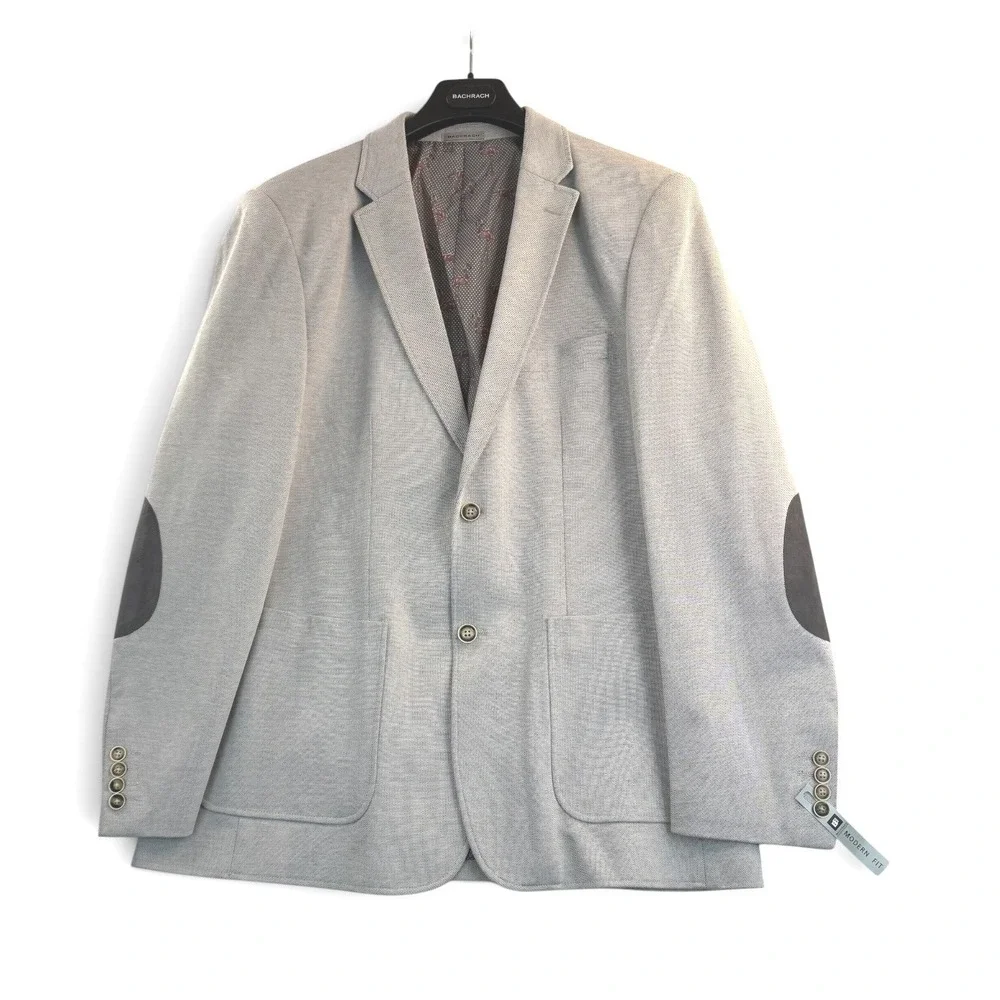 Bachrach Sport Coat 46R Blazer Light Gray Modern Fit Elbow Patches Flamingos NEW